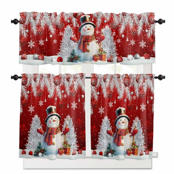 Christmas Ball Kitchen Curtains and Valances Set, Snowman Gifts Xmas Tree Snowflake Red Rod Pocket Window Valance 18 Inch Window Curtain Panels for Living Room Bedroom Laundry, 27.5x24in, 3 Pieces