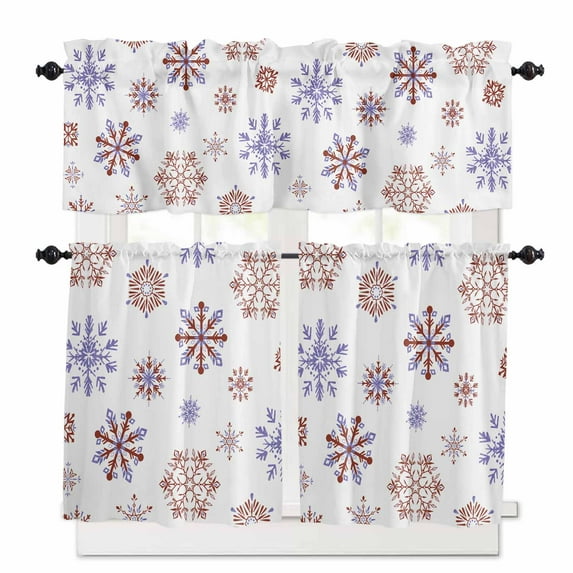 Christmas Snowflakes Kitchen Curtains and Valances Set, Xmas Purple Brown White Background Rod Pocket Window Valance 18 Inch Window Curtain Panels for Living Room Bedroom Laundry, 27.5x24in, 3 Pieces