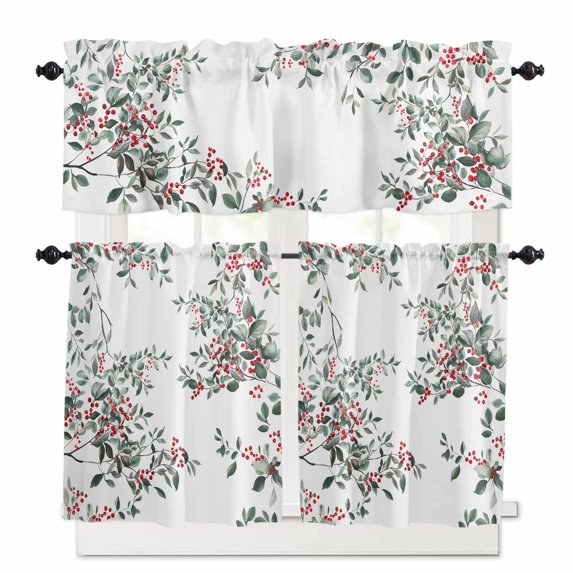 Berry Watercolor Leaf Kitchen Curtains and Valances Set, Christmas Winter Xmas White Background Rod Pocket Window Valance Window Curtain Panels for Living Room Bedroom Laundry, 27.5x36in, 3 Pieces