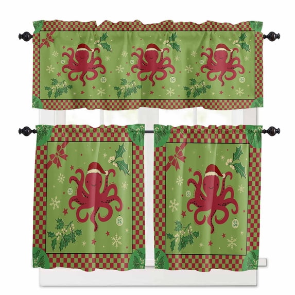 Christmas Red Kitchen Curtains and Valances Set, Octopus Green Checked Snowflake Plants Rod Pocket Window Valance 18 Inch Window Curtain Panels for Living Room Bedroom Laundry, 27.5x24in, 3 Pieces