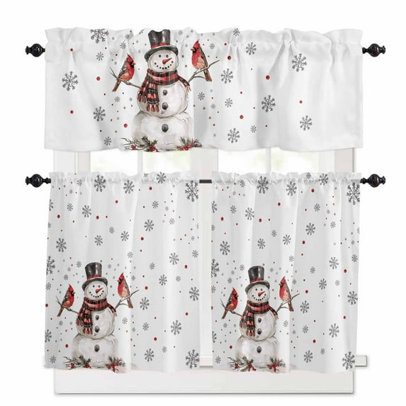 Christmas Winter Kitchen Curtains and Valances Set, Snowman Snowflake Snowing Bird Rod Pocket Window Valance 18 Inch Window Curtain Panels for Living Room Bedroom Laundry, 27.5x24in, 3 Pieces