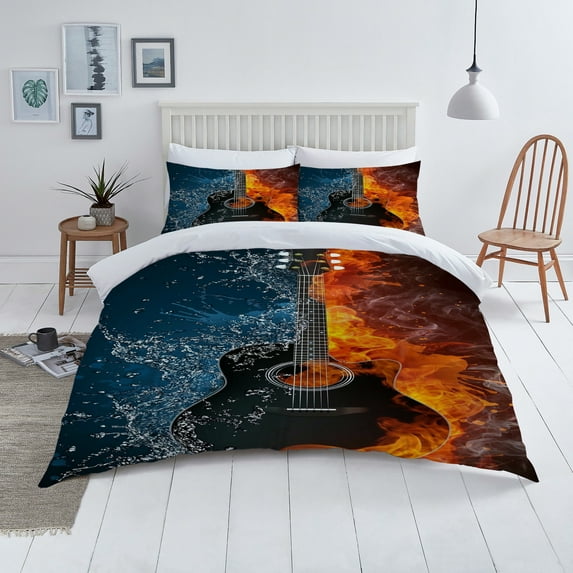 Comforter Cover Sets Vintage Fire and Water Highend 3D Guitar Printed Bedding Covers,Twin (68"x86")