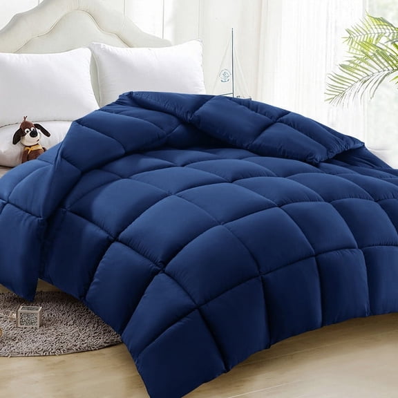 Comforter Full Navy All Season Down Alternative, Cooling Quilted Duvet Insert, Bed Comforter with Corner Tabs, Washable Hypoallergenic Reversible Quilt