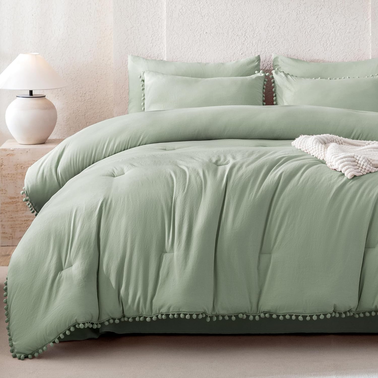 Comforter Full Size Set Sage Green,3 Pieces Sage Green Boho Pom Pom