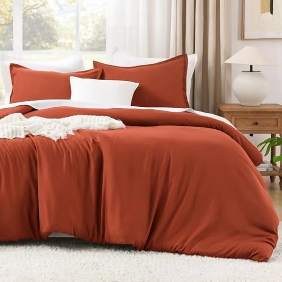 Comforter King Size Bed Set Burnt Orange, 3 Pieces Terracotta Boho Lightweight Fluffy Solid Bedding Comforter Set, Rust All Season (104x90In Comforter & 2 Pillowcases)