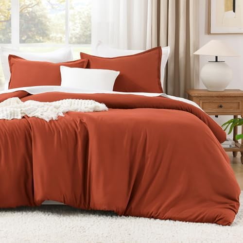 Comforter King Size Bed Set Burnt Orange, 3 Pieces Terracotta Boho Lightweight Fluffy Solid Bedding Comforter Set, Rust All Season (104x90In Comforter & 2 Pillowcases)
