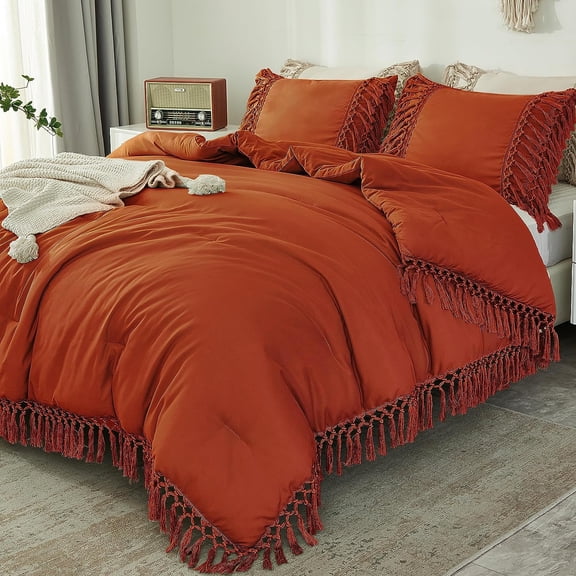 Comforter King Size Set Burnt Orange, 3 Pieces Boho Terracotta Tassel Lightweight Fluffy Bedding Comforters & Sets, Soft All Season Rust Bed Set (104x90In Comforter & 2 Pillowcases)