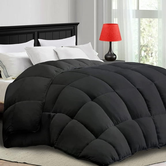 Comforter Queen Black All Season Down Alternative, Cooling Quilted Duvet Insert, Bed Comforter with Corner Tabs, Washable Hypoallergenic Reversible Quilt