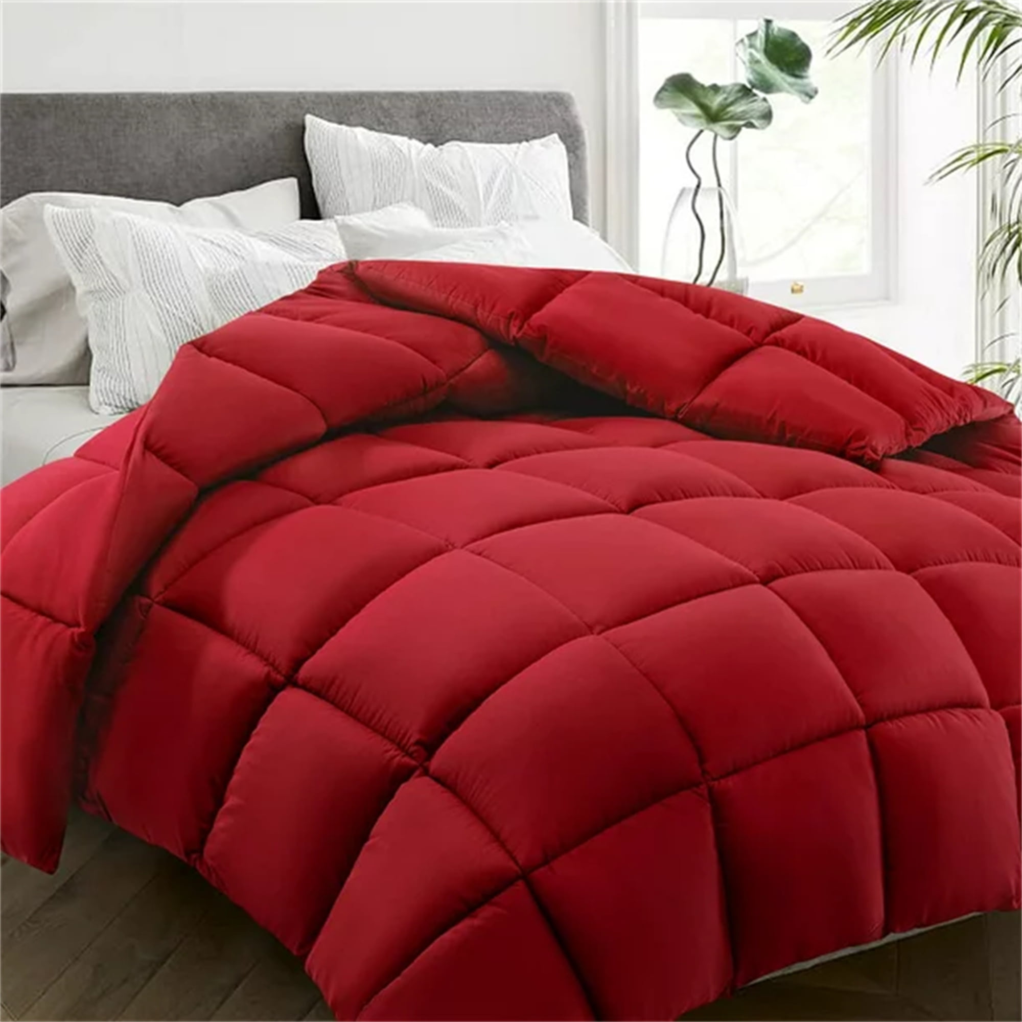 Comforter Queen Red All Season Down Alternative, Cooling Quilted Duvet