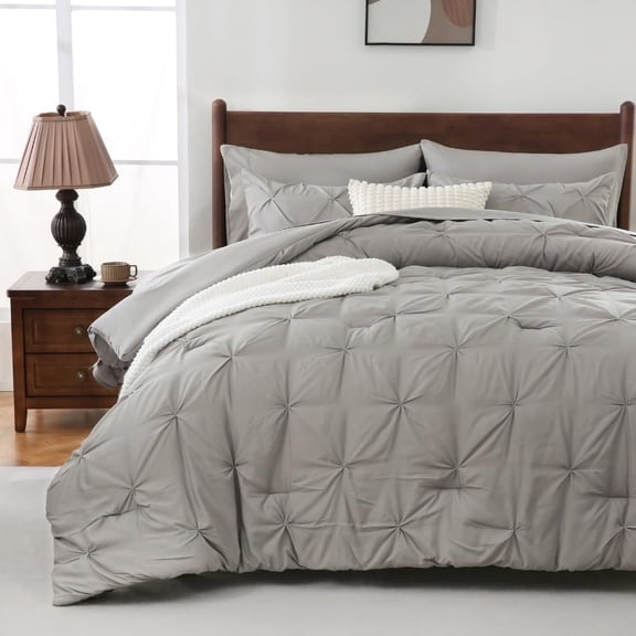 Comforter Set, 7- Bed in a Bag, Pintuck Bedding Sets for Season, Includes Comforter, Flat Sheet, Fitted Sheet, Pillowcases and Pillowshams, Grey