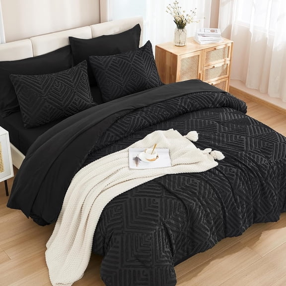 Comforter Set 7 Piece Black - Bed in a Bag   Lightweight Fluffy Tufted Bedding Sets with Comforter, Sheets, Pillowcases & Shams