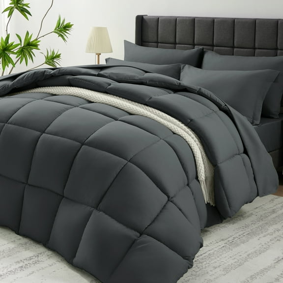 Vccoem 7 Piece Comforter Set King Size, All Season Bed in a Bag, Ultra Soft Bedding with Comforter, Sheets, Pillowcases & Shams, Dark Gray
