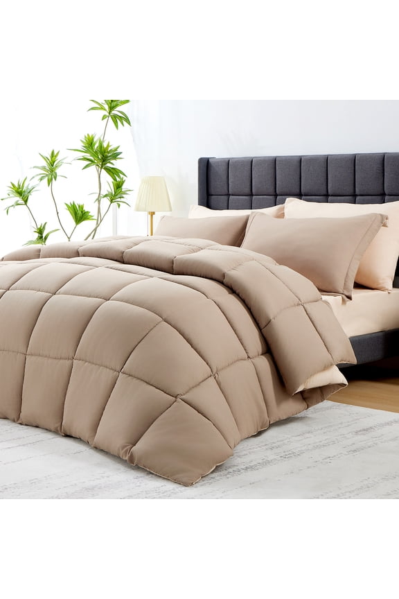 7 Piece Comforter Set Queen Size, All Season Bed in a Bag, Ultra Soft Bedding with Comforter, Sheets, Pillowcases & Shams, Khaki & Beige