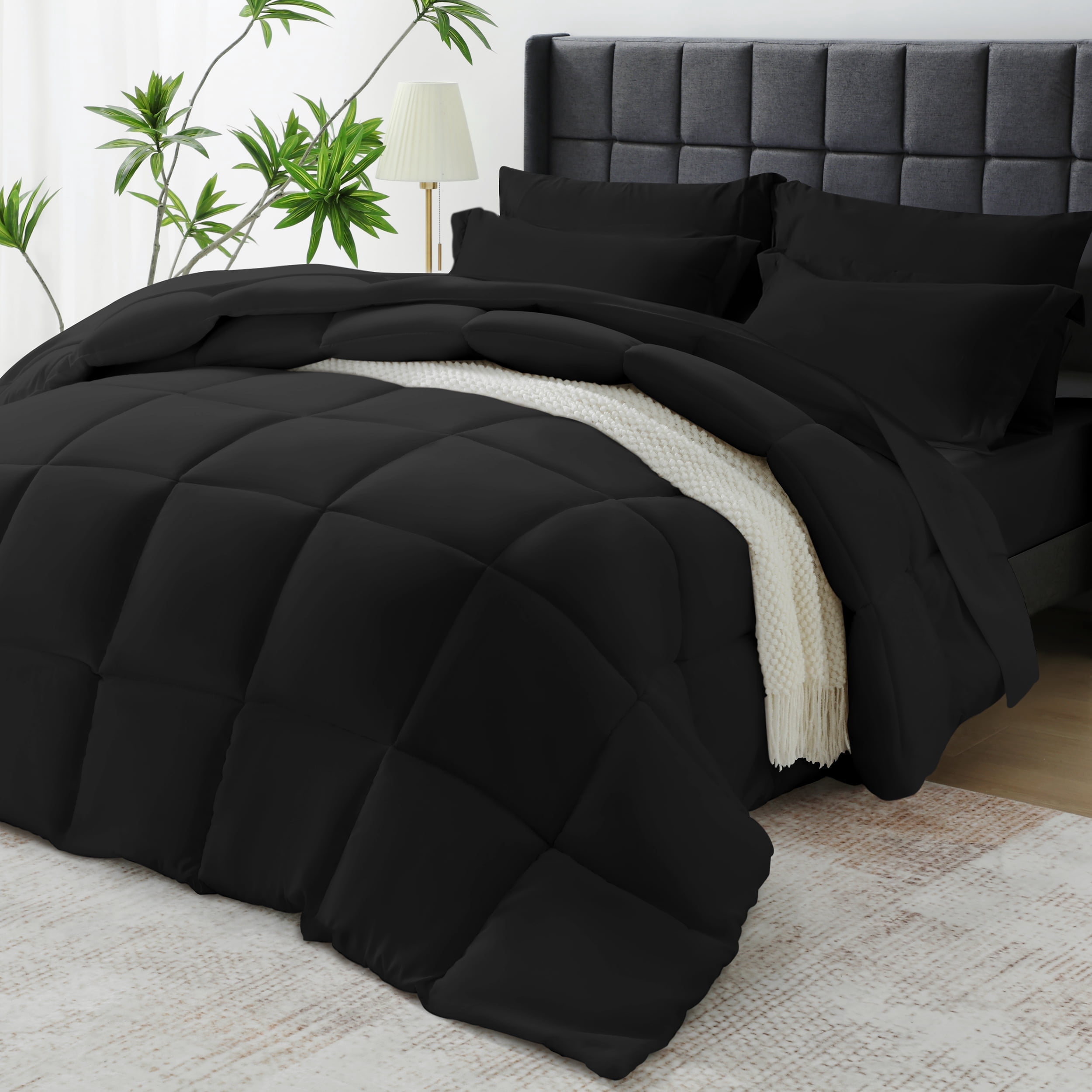 Vccoem 7 Piece Comforter Set Queen Size, All Season Bed in a Bag, Ultra Soft Bedding with Comforter, Sheets, Pillowcases & Shams, Black