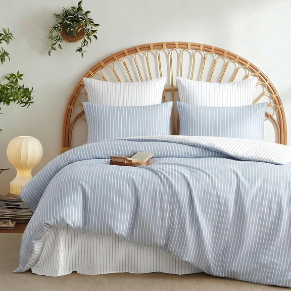 Comforter Set Boho Light Blue Textured Chic Tufted Striped Bedding Set Wrinkle Resistant Microfiber Comforter for Bedroom Queen Size