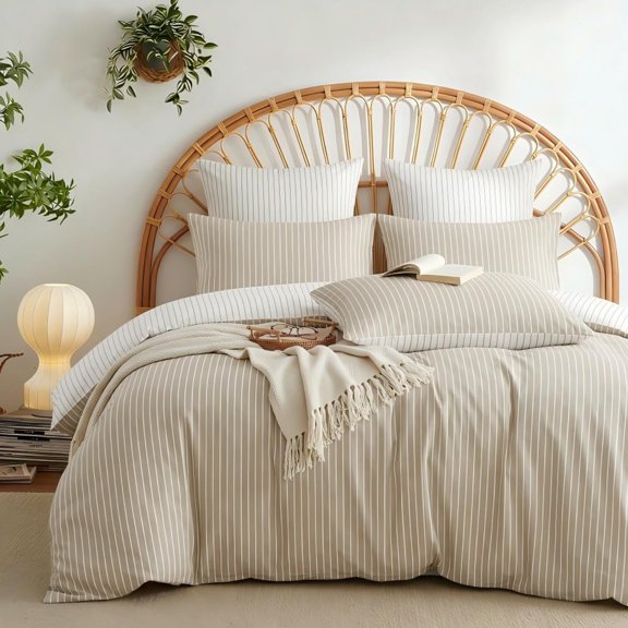 Comforter Set Boho Light Khaki Textured Chic Tufted Striped Bedding Set Wrinkle Resistant Microfiber Comforter for Bedroom Twin Size
