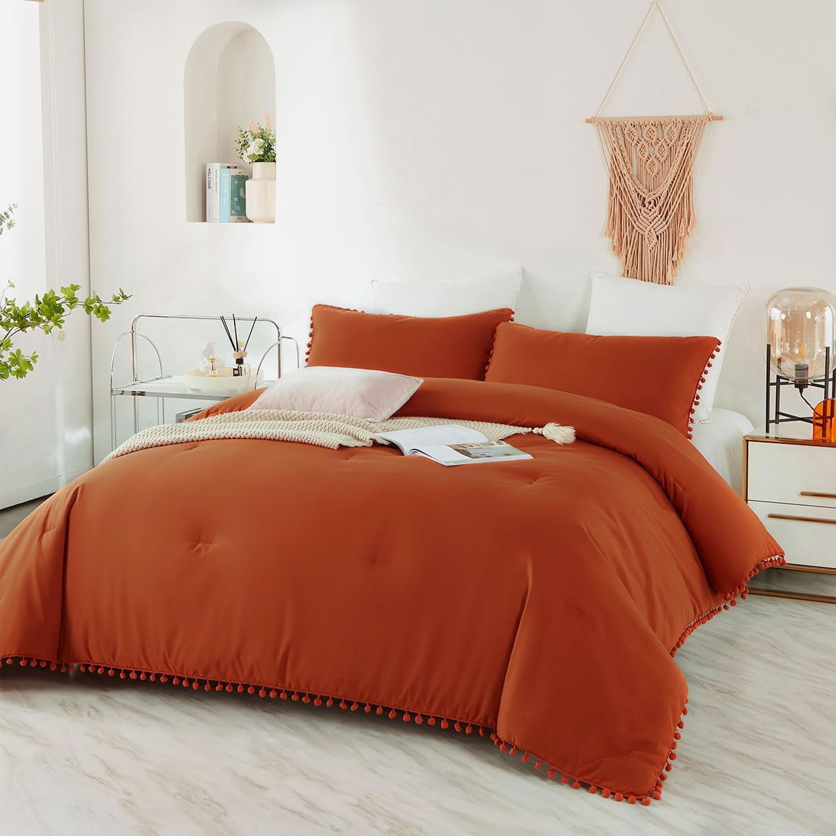 Comforter Set Burnt Orange Boho Terracotta Fall Solid Lightweight Pom