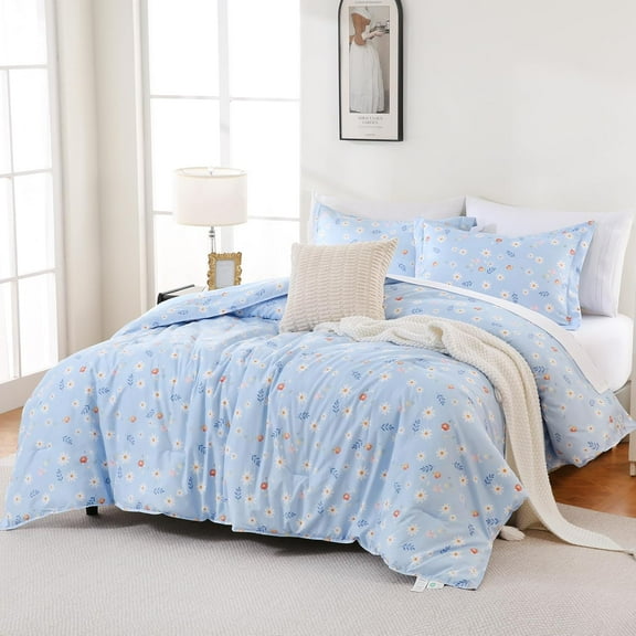 Comforter Set, Cooling Lightweight Summer Bedding Comforter Sets, Blue Floral Cute Patterned Soft Breathable -Season Comforters with 2 Pillow Shams