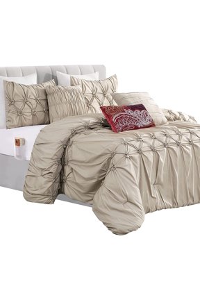 Comforter Set - Ella Pleated Ruched Bed-in-a-Bag with Smart Sheet Set and Matching Decorative Pillows - 12-Piece Set, Full/Queen, Linen
