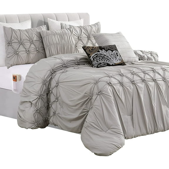 Comforter Set - Ella Pleated Ruched Bed-in-a-Bag with Smart Sheet Set and Matching Decorative Pillows - 12-Piece Set, Full/Queen, Silver Gray