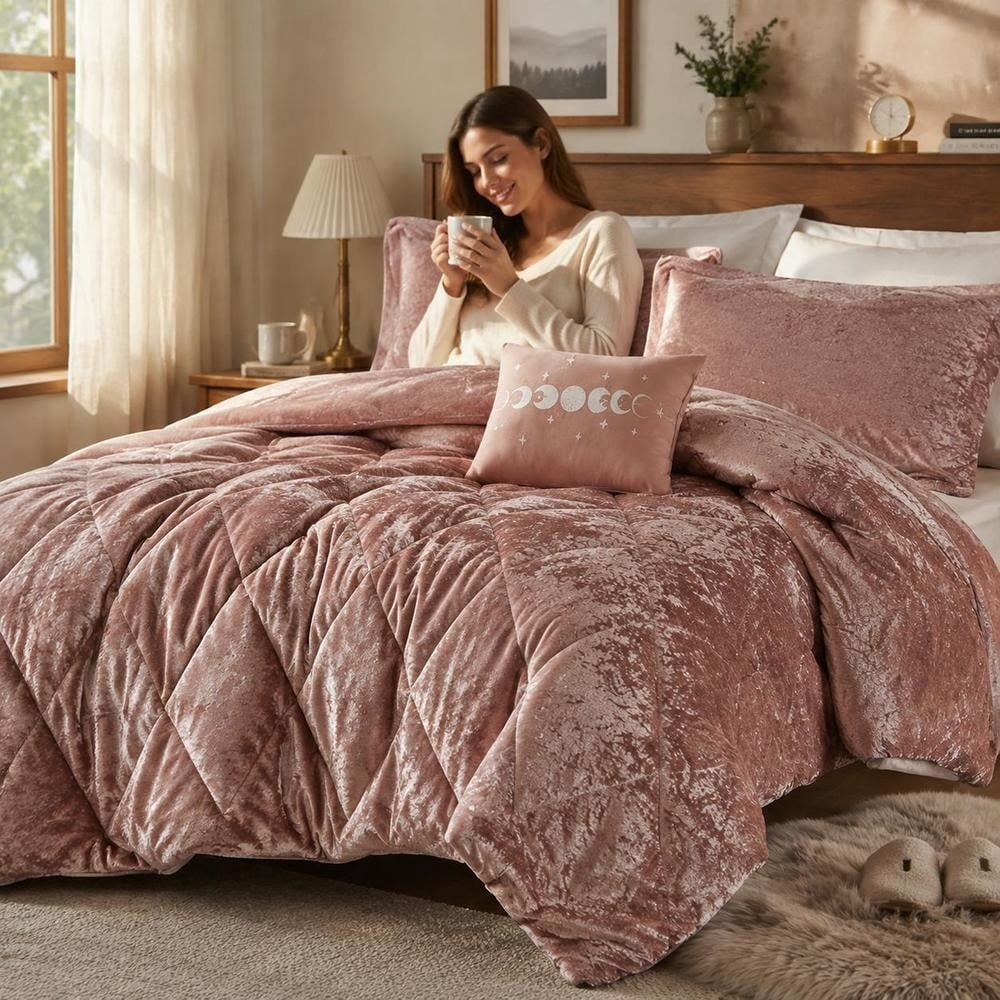 Comforter Set, Full/Queen Size, Crushed Velvet, Diamond Quilting ...