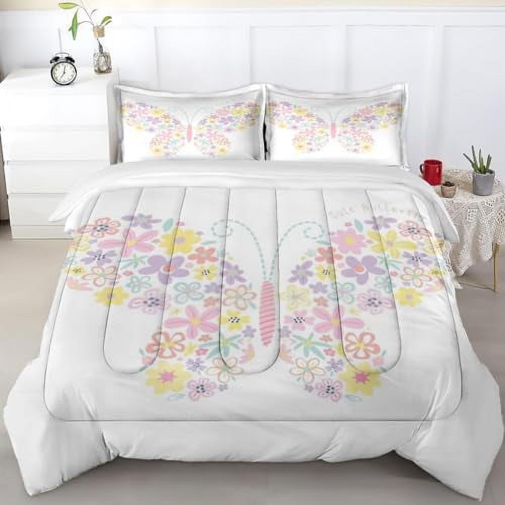 Comforter Set Full Size Butterfly Flower Cute Summer Bedding Set for