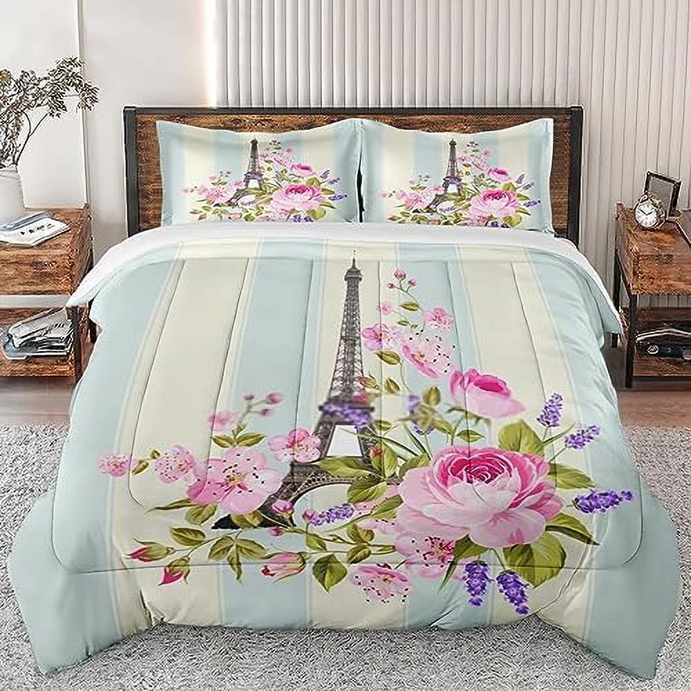 Comforter Set Full Size Eiffel Tower Gold Paris Soft Bedding Set for