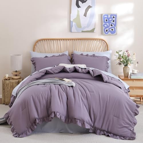 Comforter Set Full Size Grayish Purple Ruffle Comforter 3PCS Soft Fluffy Comforter Vintage Farmhouse Bed Comforter Set Shabby Chic Bedding with 2 Pillowcases