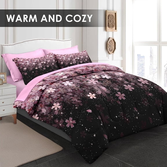 Comforter Set Full Size, Pink Cherry 7 Pcs Bedding for Kids and Adults