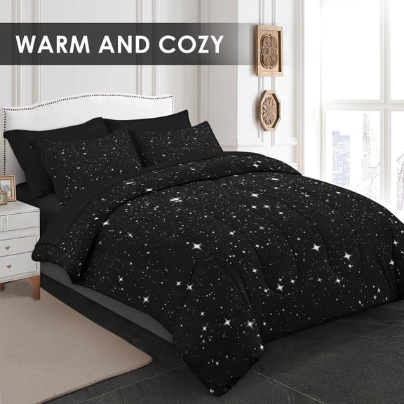 Comforter Set Full Size, Space Starry Deep 7 Pcs Bedding for Kids and Adults, Star Sky Black Bed Sheet Sets with Fitted Sheet 2 Pillowcases & 2 Shams for Bedroom Bed Decor