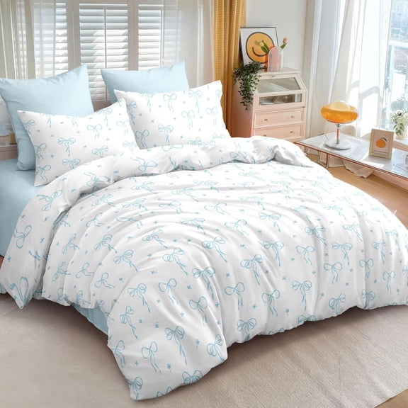 Comforter Set Full Size White - Light Blue Bow Quilt Bedding Set 3 Pieces
