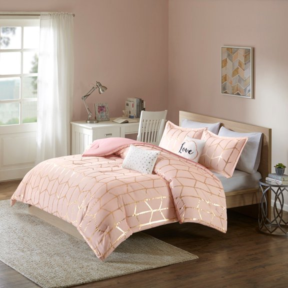 Comforter Set, King/Cal King Size, Metallic Blush Gold Geometric Print, 5-Piece Bedding with Shams and Decorative Pillows