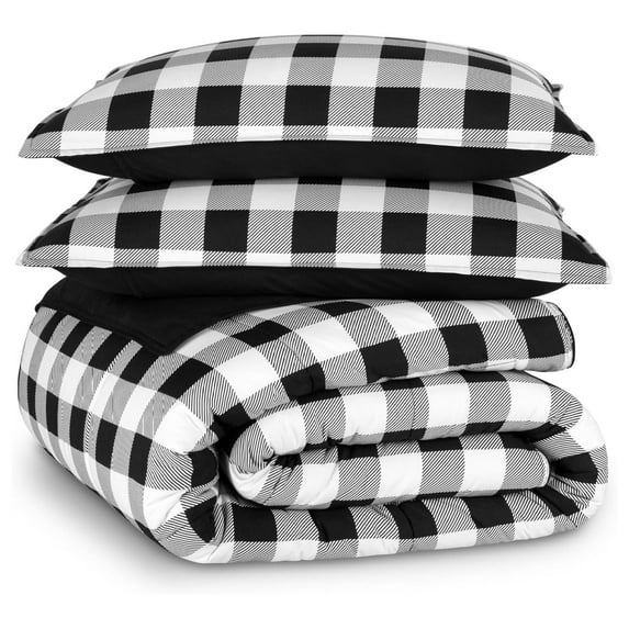 Comforter Set - King/California King Size - Ultra-Soft - Goose Down Alternative - Premium 1800 Series - All Season Warmth (King/Cal King, Buffalo Plaid - White/Black)