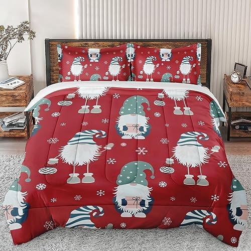 Comforter Set King Size Christmas Gnome Snowflakes Xmas Soft Bedding Set for Kids and Adults