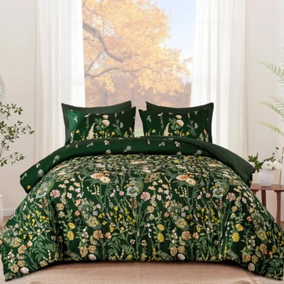 Comforter Set King Size Dark Green 7 Piece Floral Flowers Comforter Bedding Set Bed in a Bag King Soft Microfiber Complete Bedding Set with Sheets for All Season