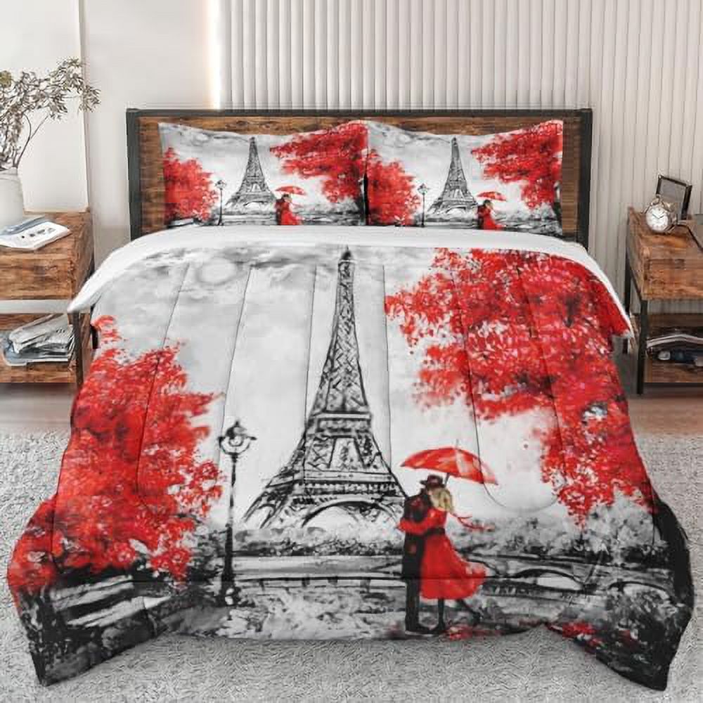 Comforter Set King Size Love Paris Eiffel Tower Soft Bedding Set for