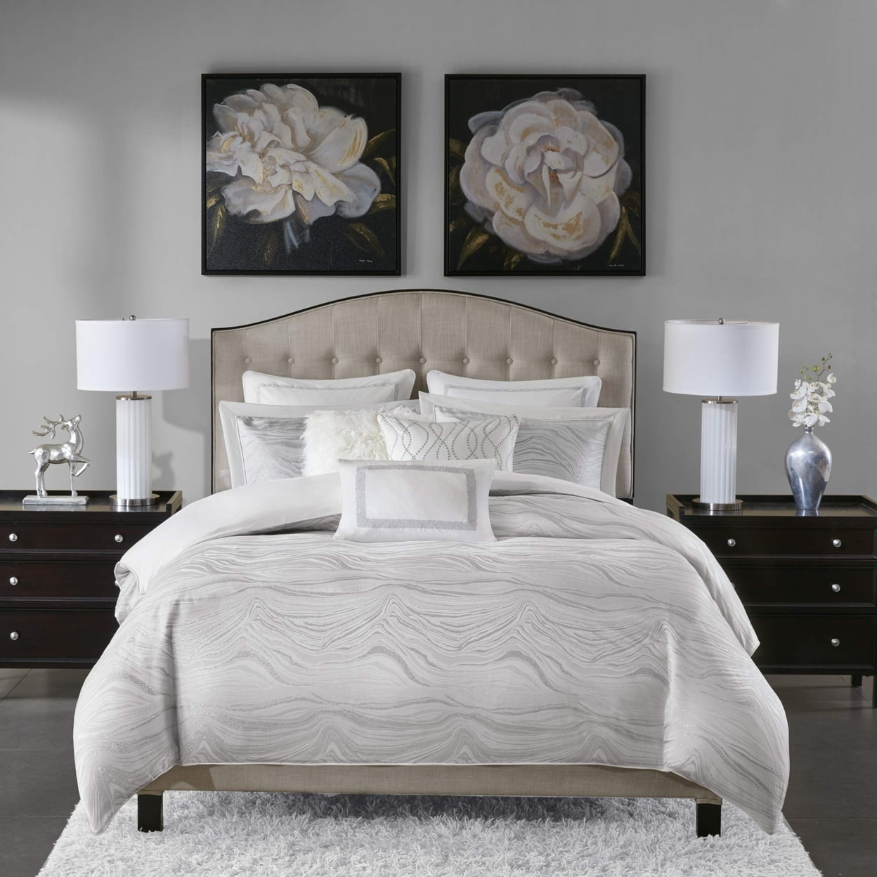 King White Microfiber Jacquard Comforter Set with Embroidered Pillows