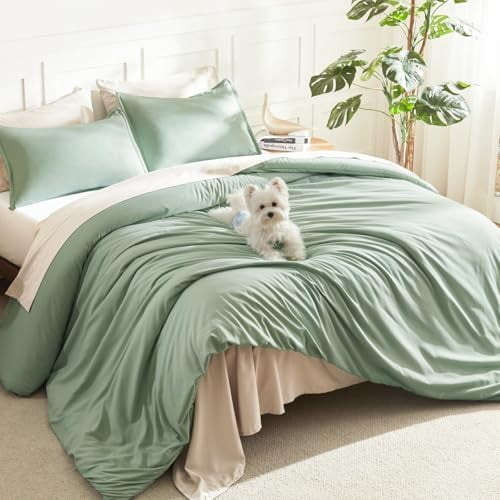 Comforter Set, Lightweight Solid Bedding Comforter Set, Fluffy Down Alternative Bed Set, Sage Green, Queen