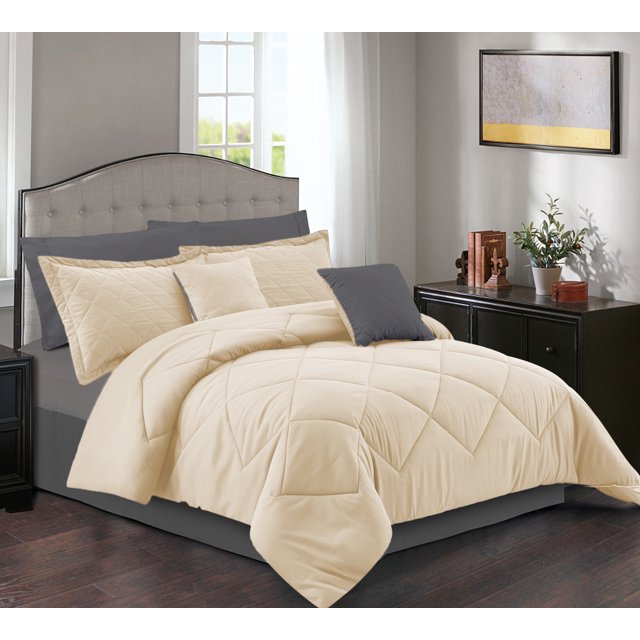 Comforter Set Queen [8Piece, Beige] Duvet Cover Insert, Enveloped Pillow Shams, Decorative
