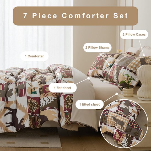 Comforter Set Queen Size - 7 Piece Bed in a Bag with Sheets, Pillowcases & Shams, Rustic Cabin Red Down Alternative