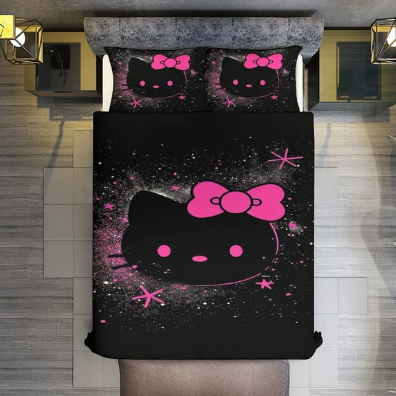 Comforter Set Queen Size,Black Pink Hello Kitty Set with 2 Pillowcases for All Seasons,Bedding Set 3pcs for Kids Boys Girls Bedroom Decor,86"x70"