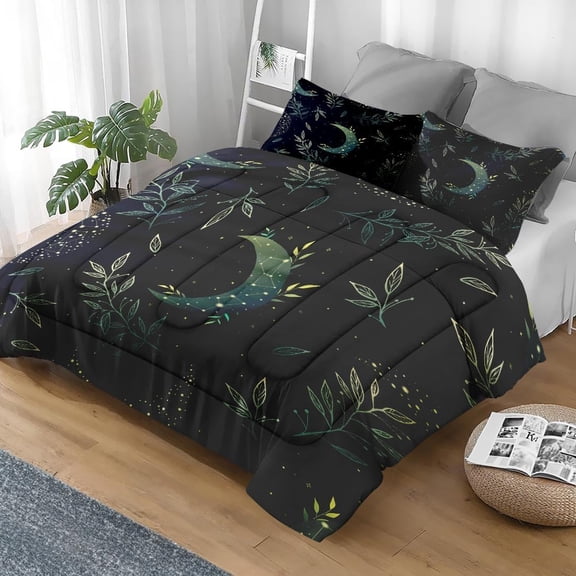 Comforter Set Queen Size, Boho Space Green Retro Soft 3 Pcs Bedding for Kids and Adults, Herbs Witch Floral Comforter Set with Pillowcase, for Bedroom Bed Decor