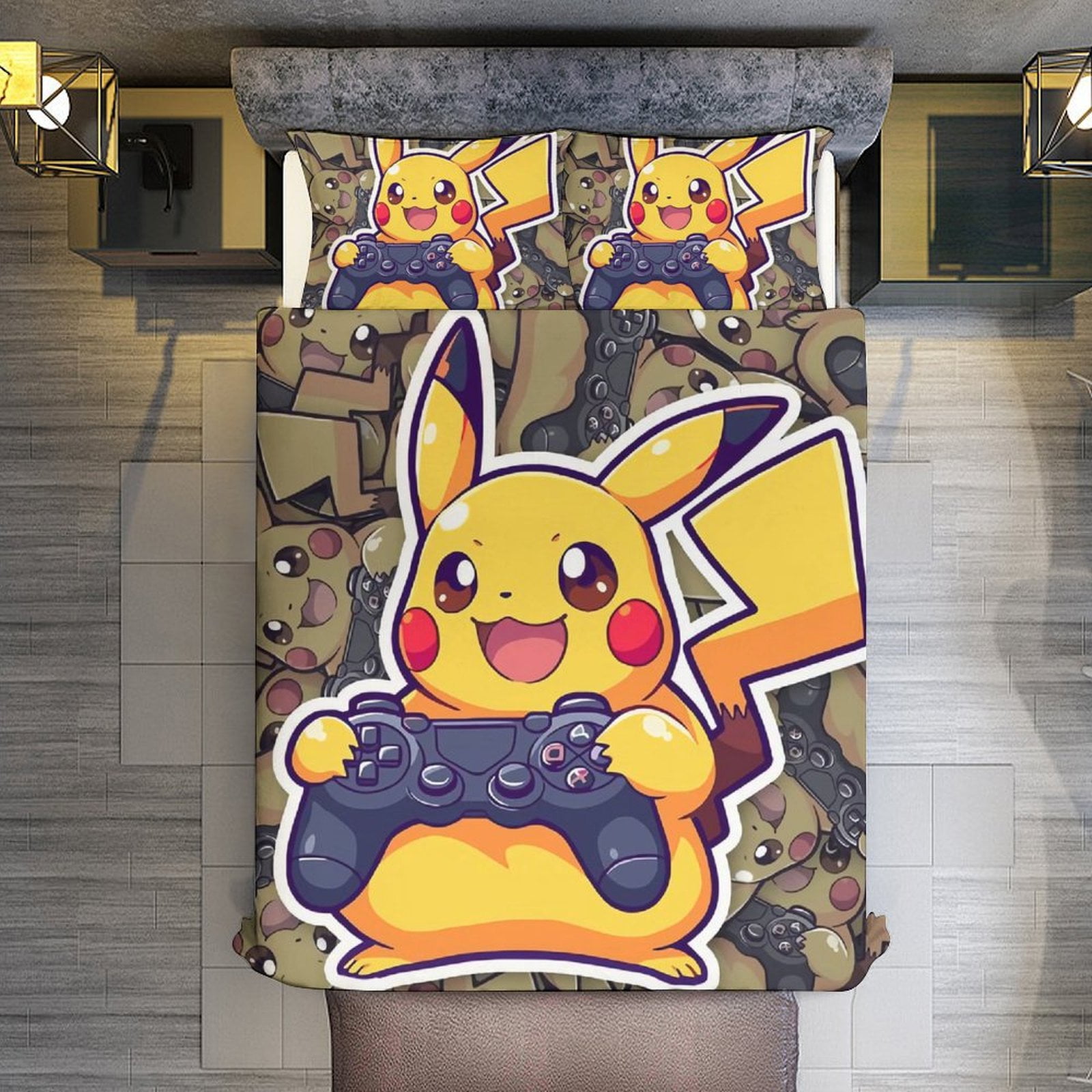 Comforter Set Queen Size,Chibi Pikachu Sticker Set with 2 Pillowcases for All Seasons,Bedding ...
