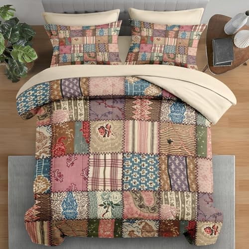 Comforter Set Queen Size, Country Flower Retro 7 Pcs Bedding for Kids and Adults, Geometric Plaid Patchwork Bed Sheet Sets with Fitted Sheet 2 Pillowcases & 2 Shams for Bedroom Bed Decor