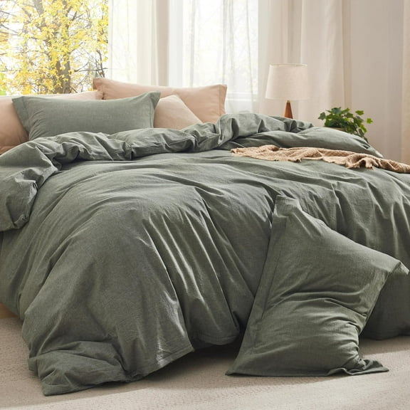 Comforter Set Queen Size Grayish Olive Green - Cotton Fabric with Microfiber Inner Fill, Queen Comforter Set for All Seasons, 3 Pieces, 1 Comforter (90"x90") and 2 Pillow Cases (20"x26")