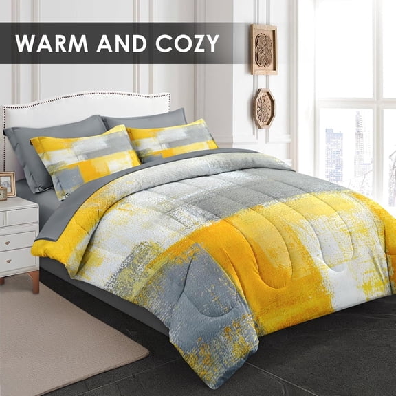 Comforter Set Queen Size, Grey Yellow Painting Gray 7 Pcs Bedding for Kids and Adults