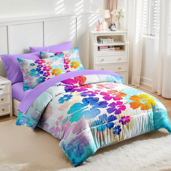 Comforter Set Queen Size, Hawaiian Flower Floral 7 Pcs Bedding for Kids and Adults, Hibiscus Hawaii Blue Bed Sheet Sets with Fitted Sheet 2 Pillowcases & 2 Shams