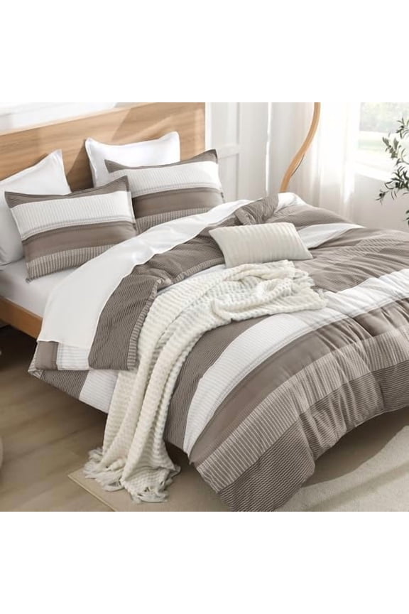 Comforter Set Queen Size Hazel - 3 Pieces Lightweight Colorblock Stripe Fluffy Bedding Comforter Sets, All Season Bed Set