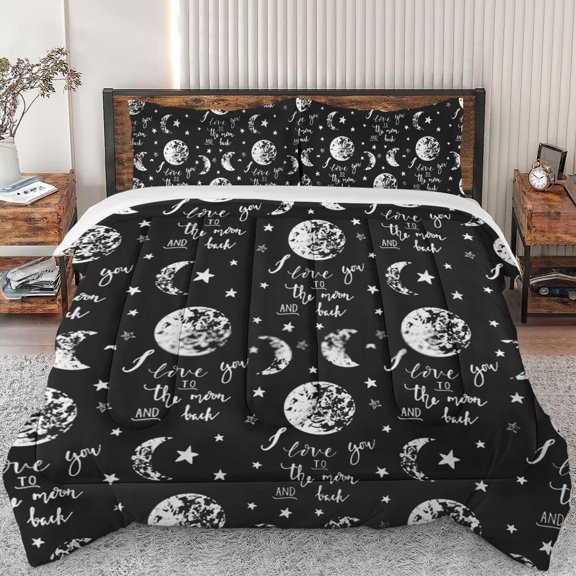 Comforter Set Queen Size, I Love You Moon Soft Bedding Set for Kids and Adults, Valentines Space Earth Comforter Set with 2 Pillowcases for Bedroom Bed Decor
