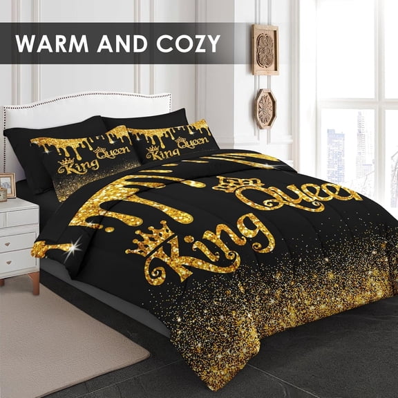 Comforter Set Queen Size, King Queen Black Gold 7 Pcs Bedding for Kids and Adults